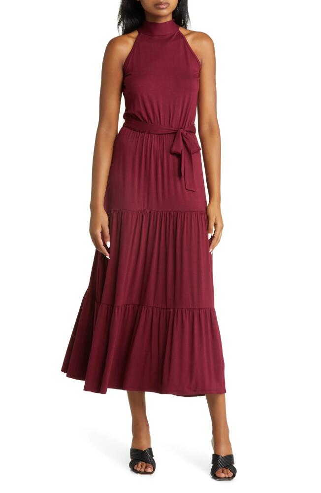 Loveappella Tiered Halter Maxi Dress in Burgundy Cover